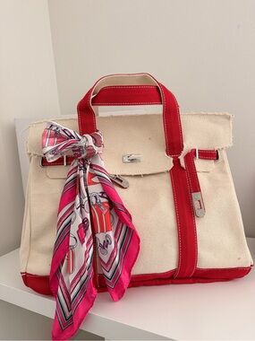 Large Sunwin Cream Canvas Tote with Red Trim - Structured Women's Handbag